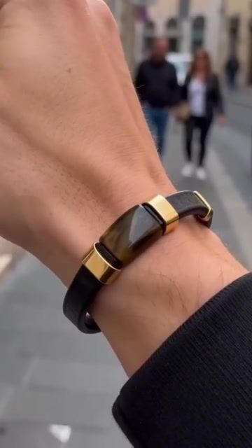 Men’s black leather bracelet with natural tiger eye stone plate video