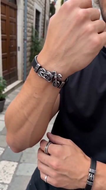 Black Leather Stainless Steel biker skeleton Bracelet video
