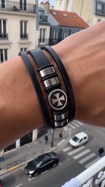 Black leather bracelet with Maltese cross cords video