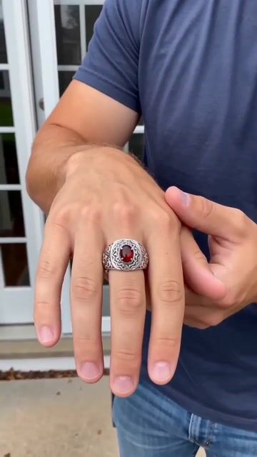 Men's Sterling Silver Red Onyx Inlay Cross Signet Open Ring video