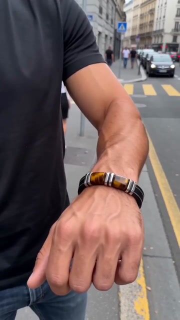 Men’s black leather bracelet with tiger eye stone video
