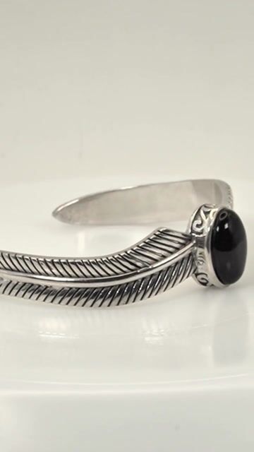 Men's bracelet solid silver bangle angel wings black onxy video